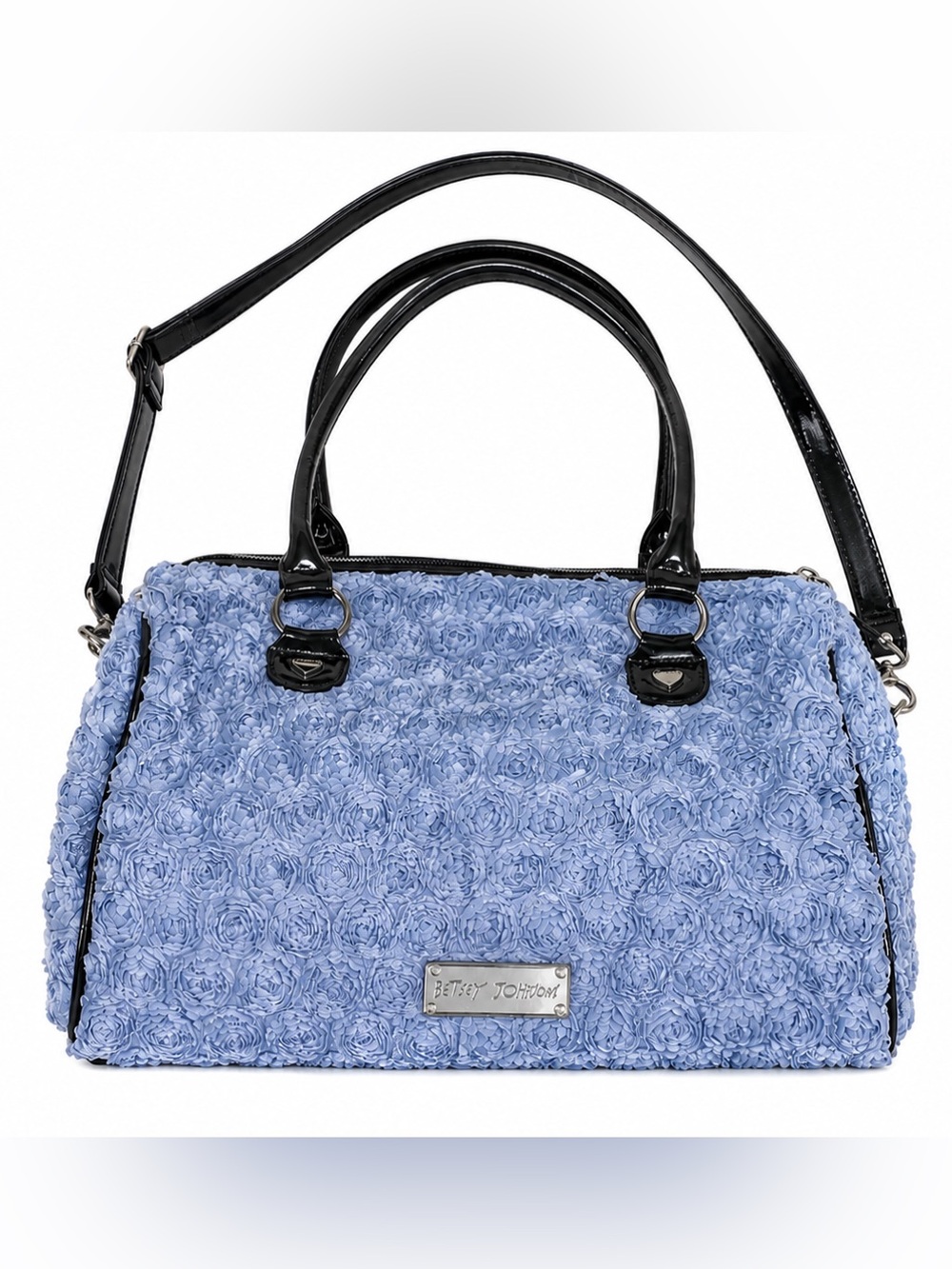 Betsey Johnson Blue Rosette 3D Floral Satchel Crossbody Purse Patent Trim Bag